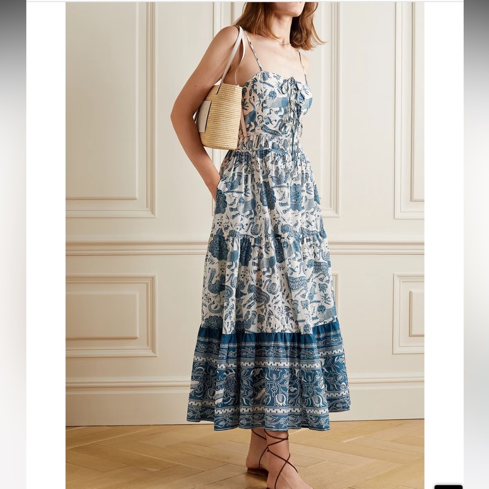 RHODE Resort Printed Cotton-Voile Zoe Tiered Maxi Dress XS Blue White